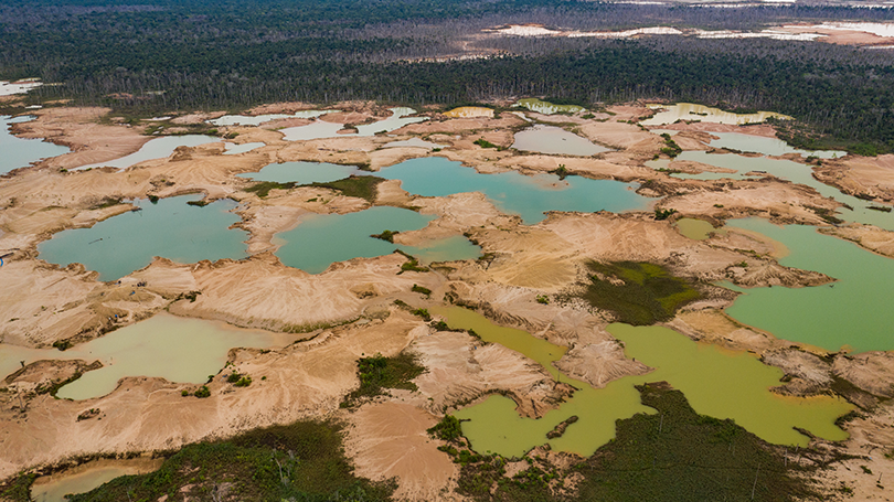  Shallow mining ponds dot the landscape in the La Pampa region of Madre de Dios, Peru. The colors of the ponds reflect suspended sediment and algae growth following the cessation of gold mining. 